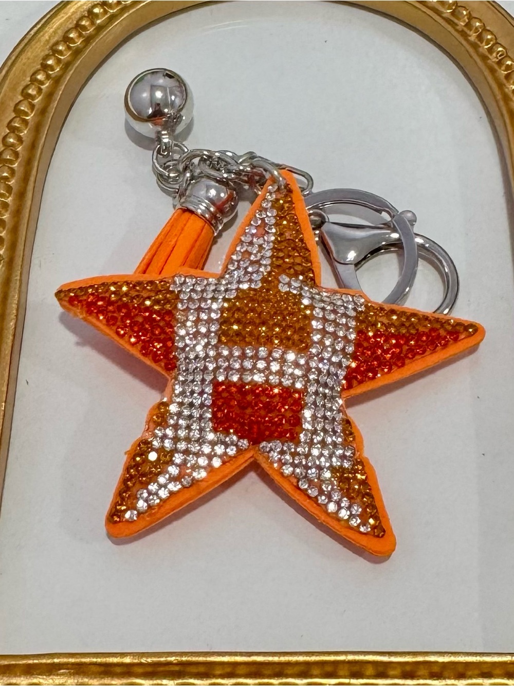New Houston Orange Crystal Star Keychain with Tassel Accent